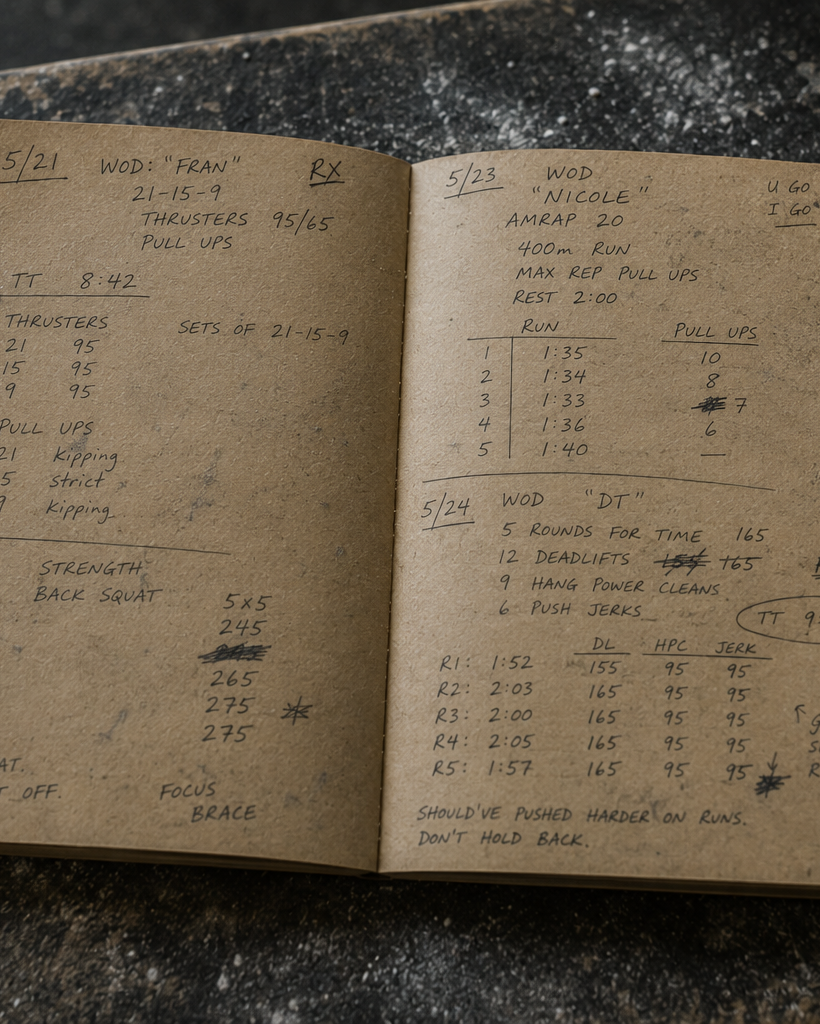 Open training notebook covered in chalk dust resting on a worn plyo box inside CHLKDUP HQ, featuring handwritten CrossFit workouts, split times, missed reps, and personal training notes beside a block of gym chalk.